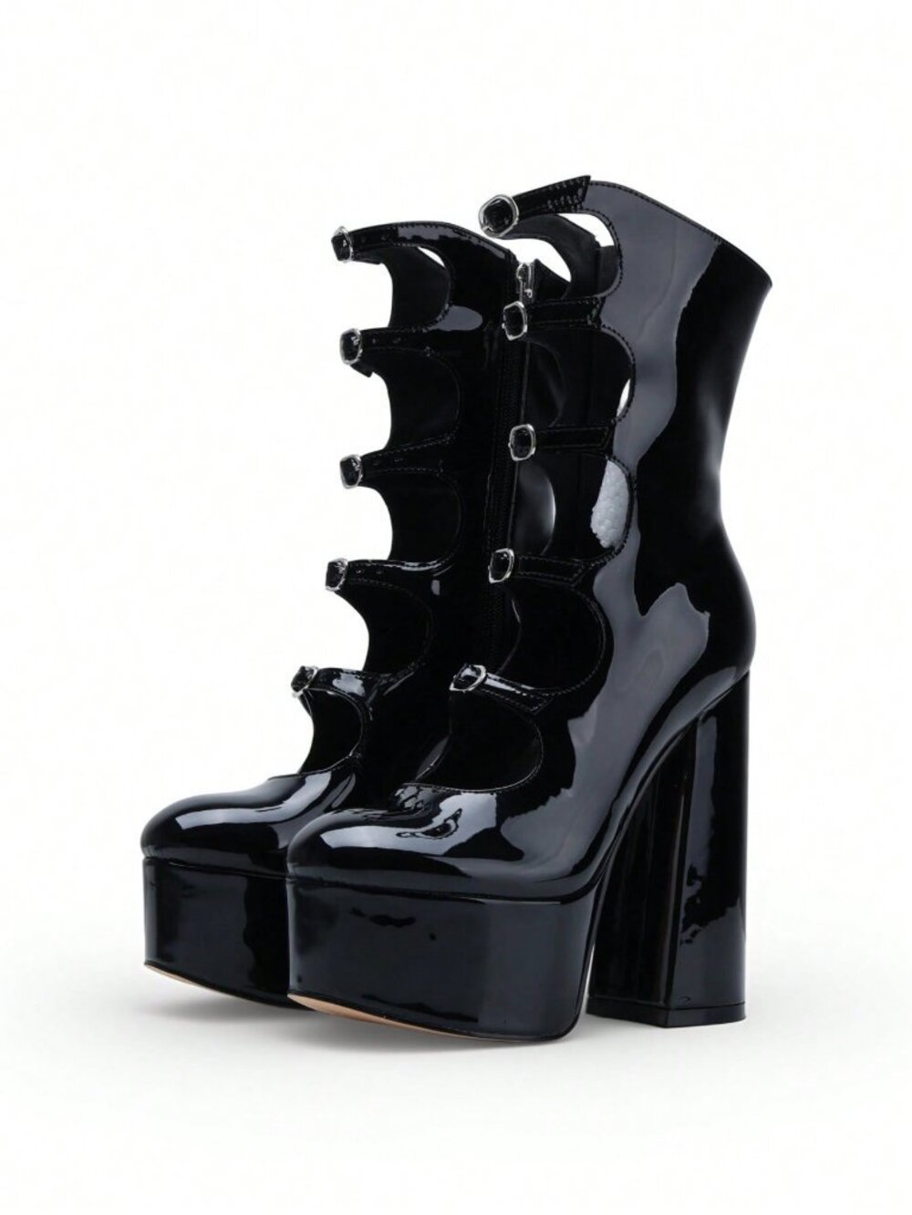 Black  Women's  Round Toe Cut-Out Platform Chunky Heel Buckle Straps Ankle Boots - Picture 2 of 7